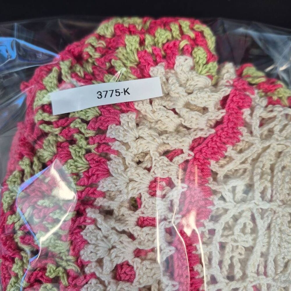 Crochet, Vintage Cotton White/Hot Pink/Green 21" Ruffled Doily, Handmade - Picture 7 of 7